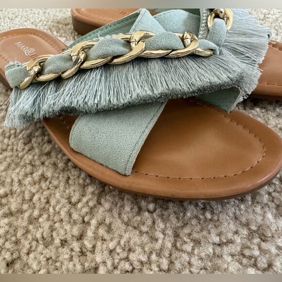 Marquiiz Fringed Suede Chain Link Slides - Seafoam Green Size 6 - Picture 4 of 7